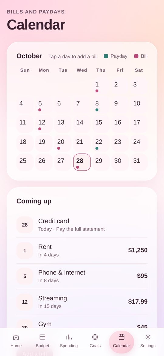 Bills and paydays calendar